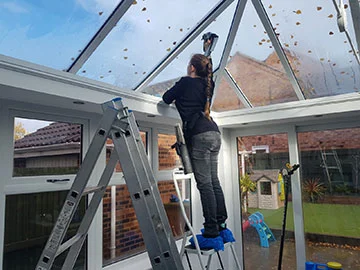 woman cleaning interior windows from ladder