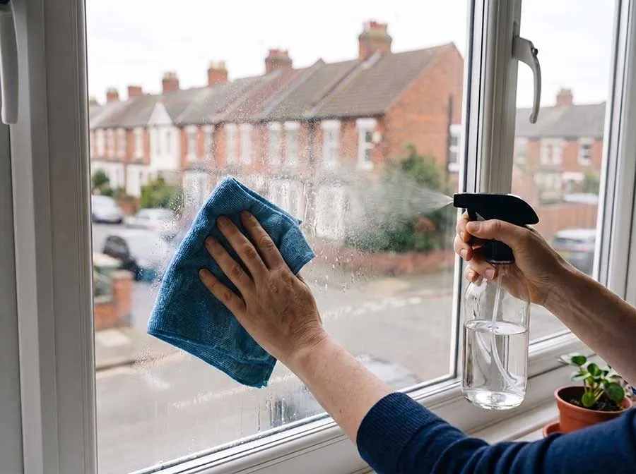 Cleaning a window with vinegar spray and a blue microfibre cloth