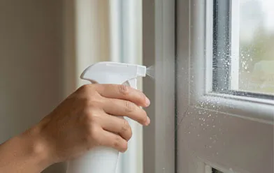 Spraying vinegar and water mix onto a window pane