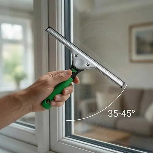 Squeegee angle 35-45 degrees on window glass