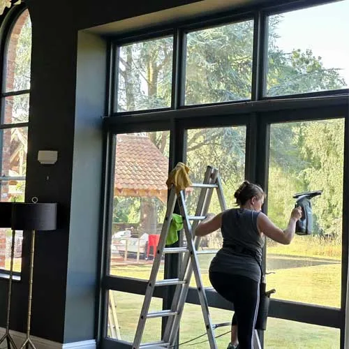 Window cleaner using Kärcher vacuum on large interior windows