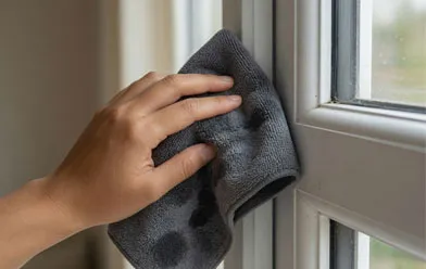 Wiping uPVC window frame with a grey microfibre cloth
