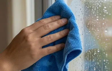 Wiping window glass with a blue microfibre cloth top to bottom
